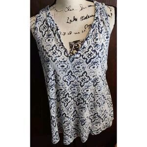 Athleta Newport Medallion Tank Top Womens Size Small V-Neck Linen Casual Loose